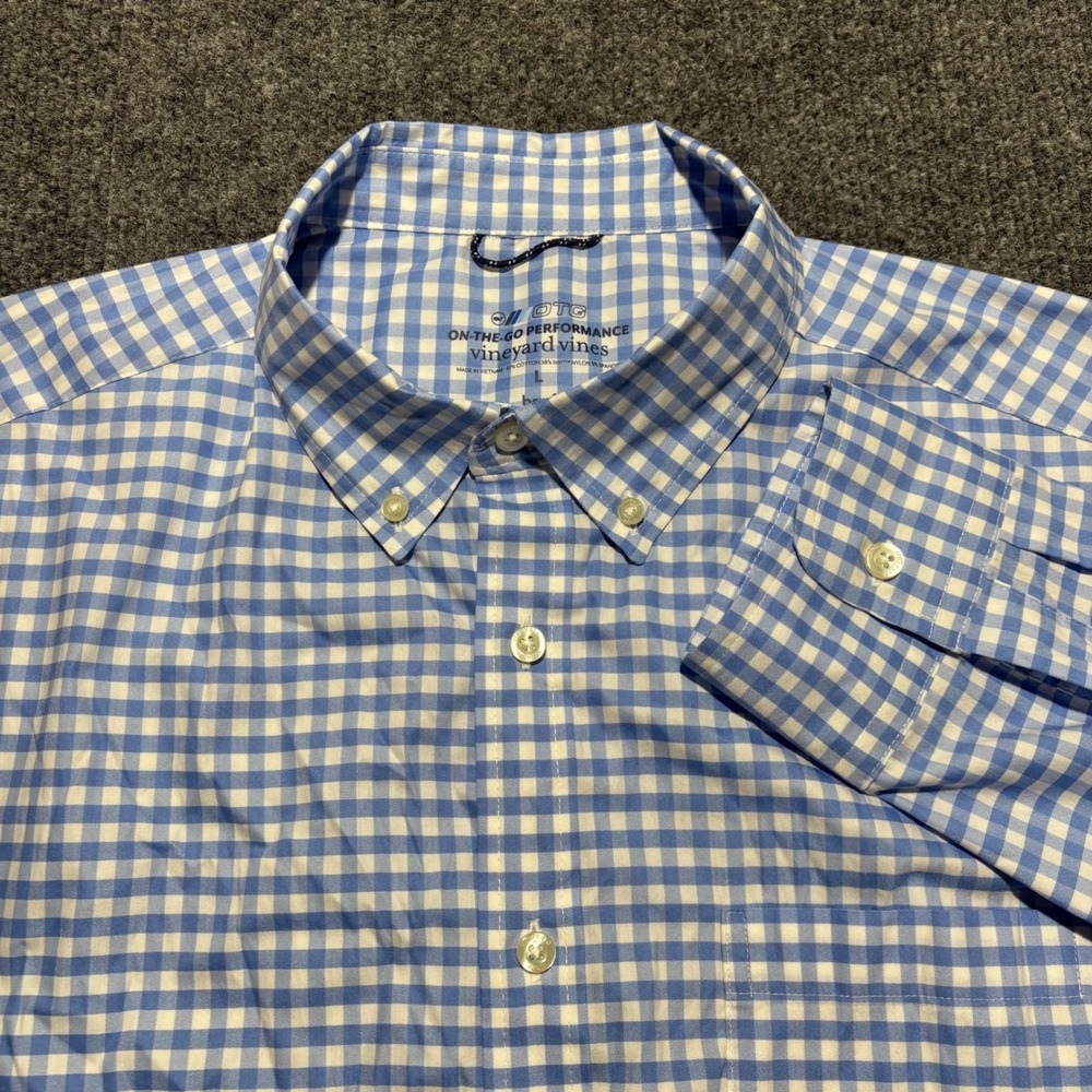 Vineyard Vines Mens Large On-The-Go Performance Gingham Shirt Blue brrr Cooling